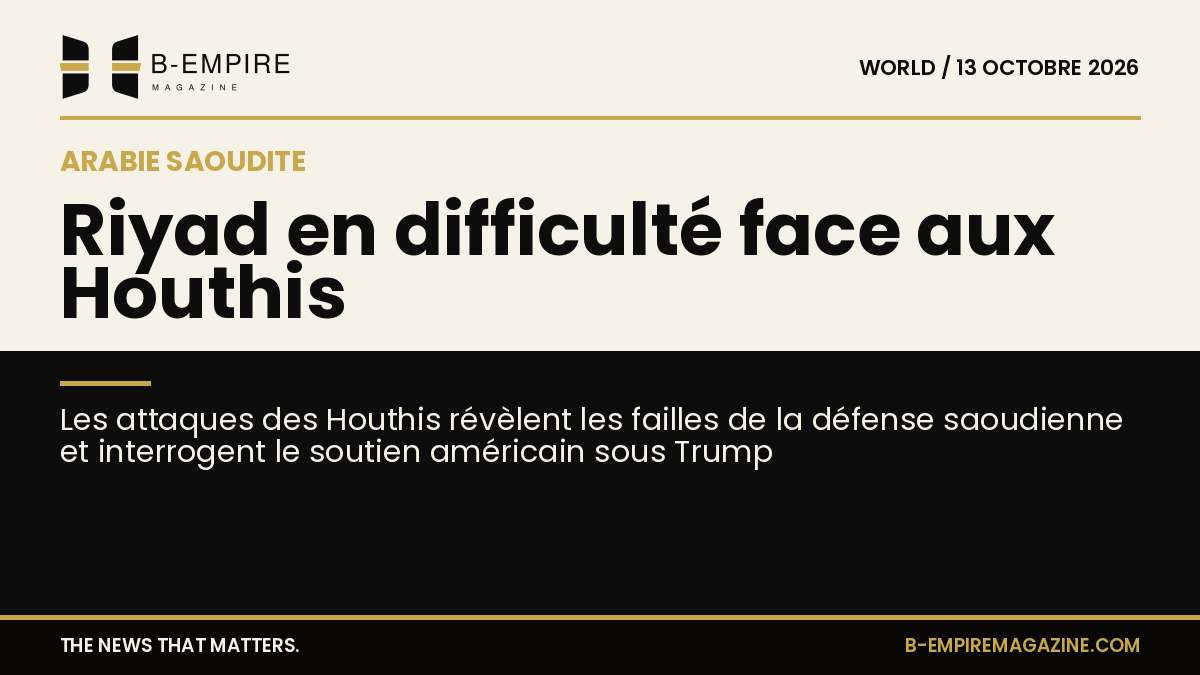 Visuel divisé avec une moitié en fond papier montrant un avion à l'aéroport de Riyad et l'autre moitié en fond noir avec un titre en or sur les attaques houthis.