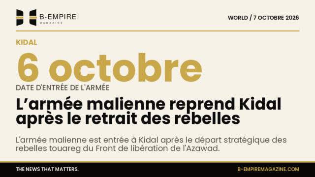 Photo stylisée d'une carte du Mali avec la ville de Kidal mise en avant en encre et or.