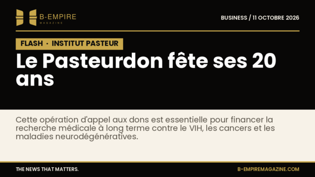 Logo de l'Institut Pasteur sur fond noir avec mention des 20 ans du Pasteurdon en lettres dorées