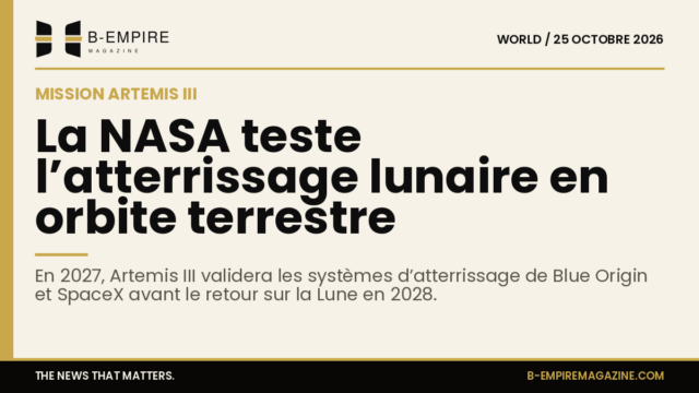 Illustration stylisée d’un vaisseau spatial en orbite terrestre avec la Lune en arrière-plan, symbolisant la mission Artemis III de la NASA.