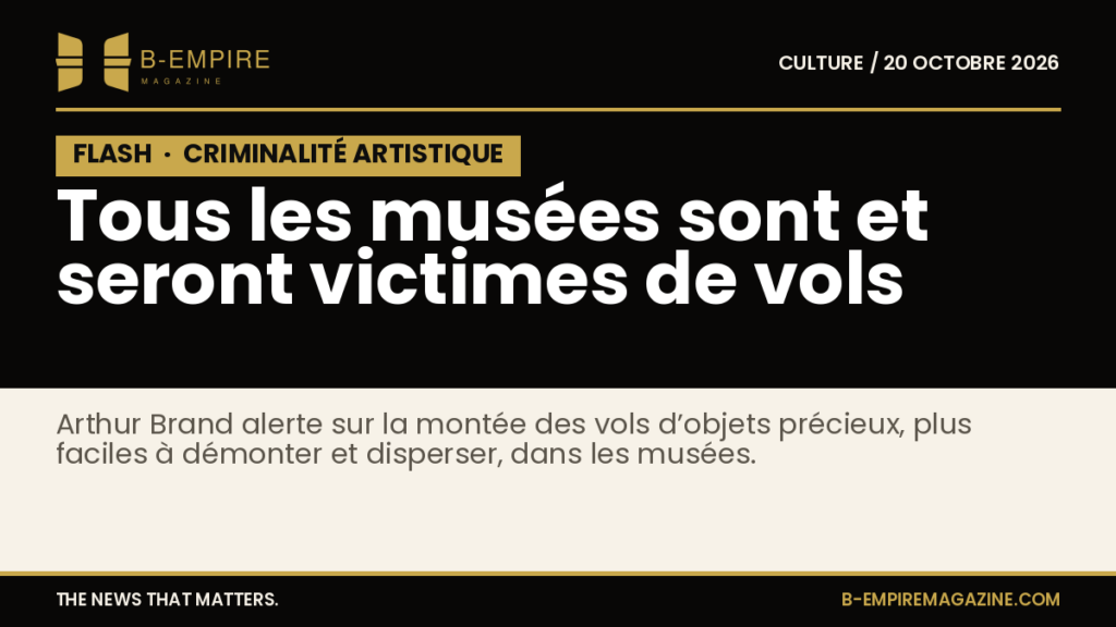 Portrait d’Arthur Brand, détective spécialisé en crimes artistiques, avec un fond sombre et un texte d’alerte sur les vols dans les musées.