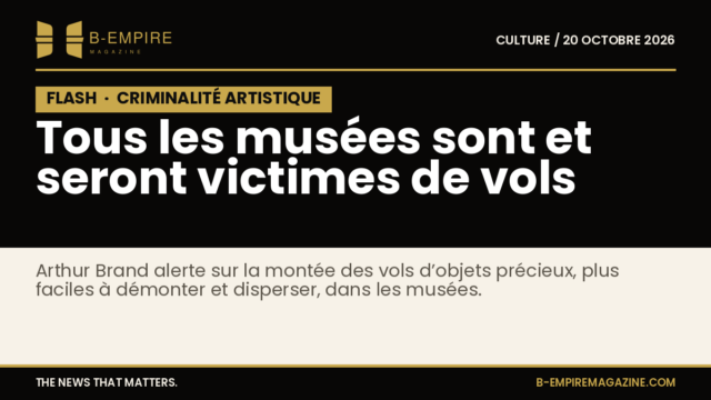 Portrait d’Arthur Brand, détective spécialisé en crimes artistiques, avec un fond sombre et un texte d’alerte sur les vols dans les musées.