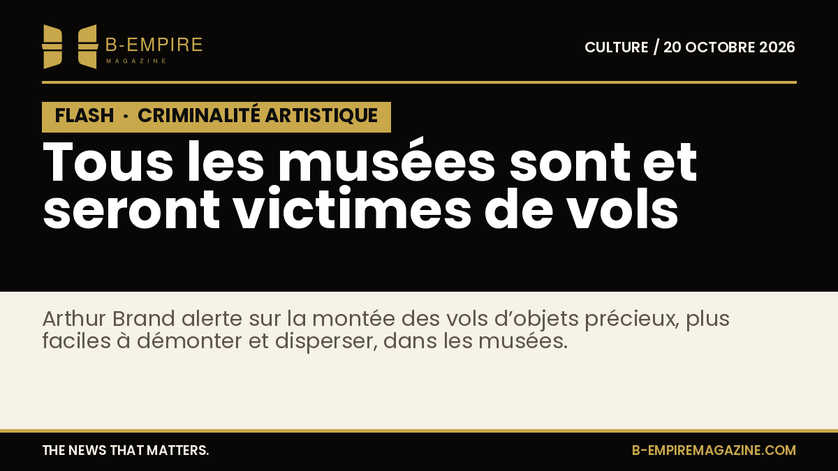 Portrait d’Arthur Brand, détective spécialisé en crimes artistiques, avec un fond sombre et un texte d’alerte sur les vols dans les musées.
