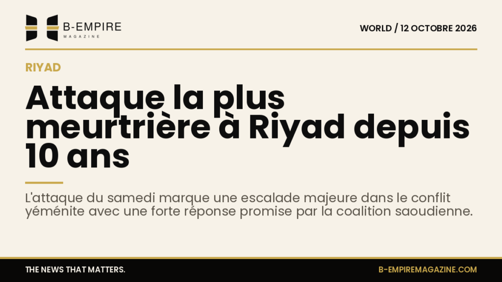 Vue de Riyad avec une alerte d'attaque, symbolisant l'escalade du conflit au Yémen