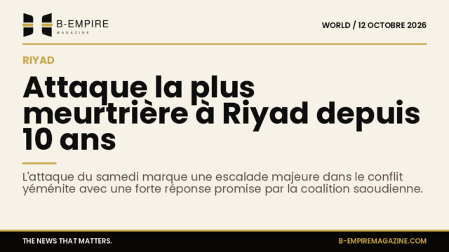 Vue de Riyad avec une alerte d'attaque, symbolisant l'escalade du conflit au Yémen