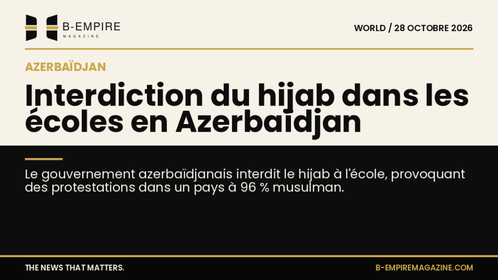 Visuel avec une moitié en fond papier clair et l'autre en fond noir, titre en encre et or sur la séparation illustrant le débat sur le hijab en Azerbaïdjan.