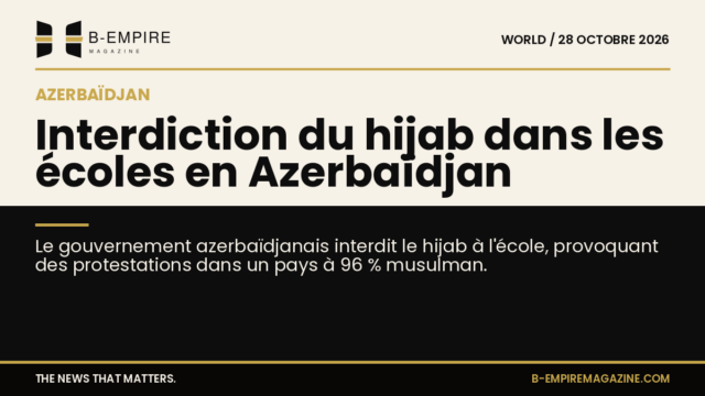 Visuel avec une moitié en fond papier clair et l'autre en fond noir, titre en encre et or sur la séparation illustrant le débat sur le hijab en Azerbaïdjan.