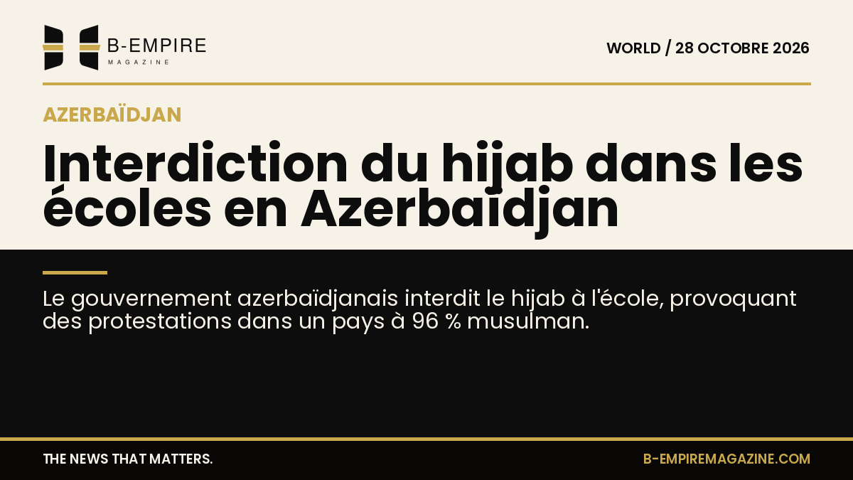 Visuel avec une moitié en fond papier clair et l'autre en fond noir, titre en encre et or sur la séparation illustrant le débat sur le hijab en Azerbaïdjan.