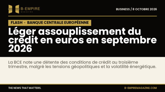 Graphique illustrant un léger assouplissement des conditions de crédit en euros selon la BCE en septembre 2026 avec un fond noir et texte blanc et or