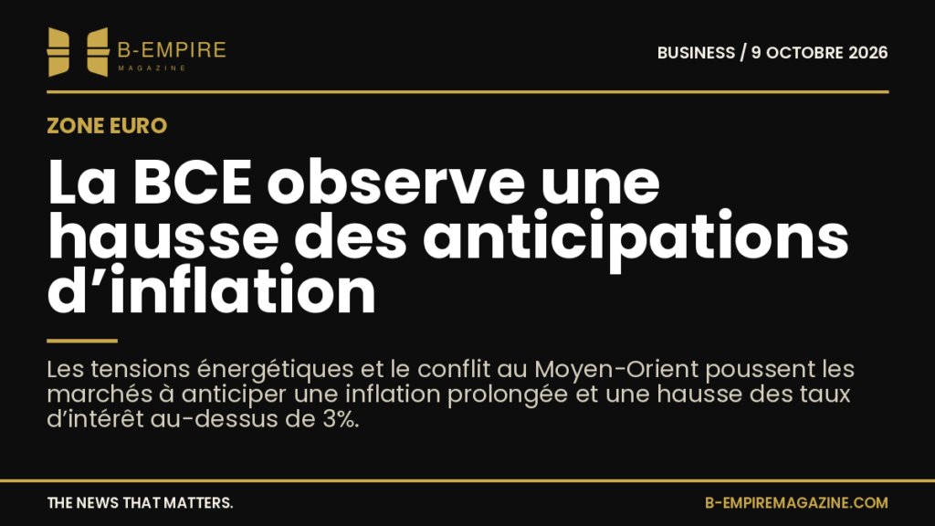Logo de la BCE sur fond noir avec texte en blanc et or indiquant la hausse des anticipations d’inflation en zone euro
