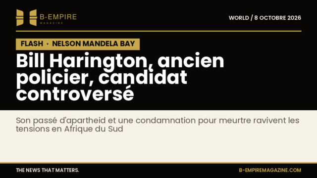 Visuel avec le titre en blanc sur fond noir et bande flash noire indiquant une information brûlante sur Bill Harington candidat controversé à Nelson Mandela Bay.