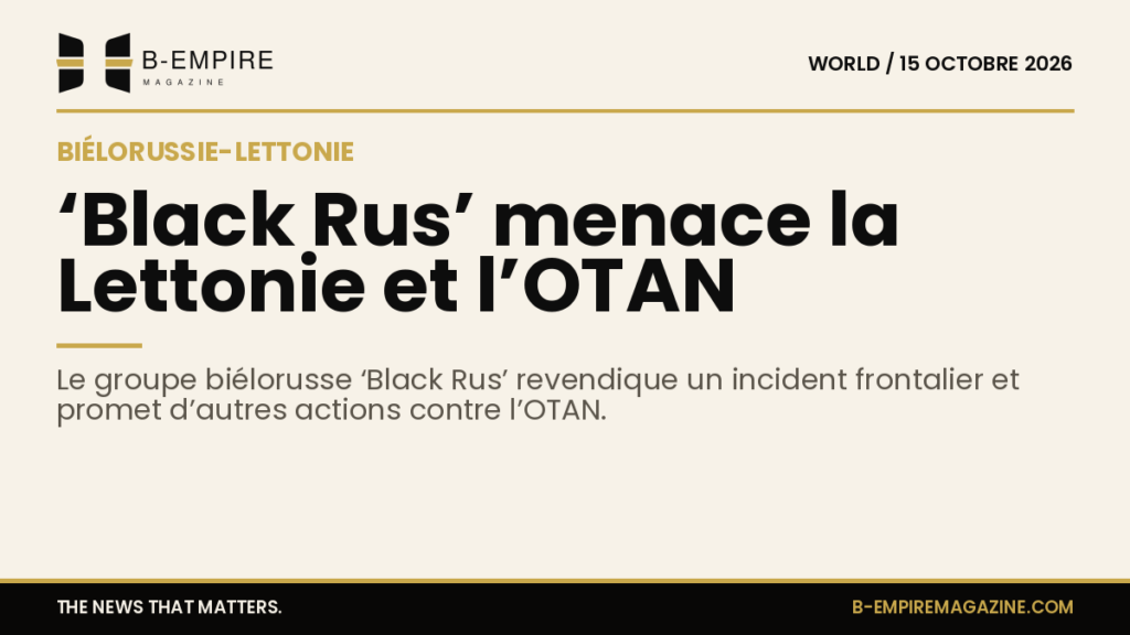 Carte stylisée montrant la frontière entre la Biélorussie et la Lettonie avec indication du groupe ‘Black Rus’ et des symboles militaires.