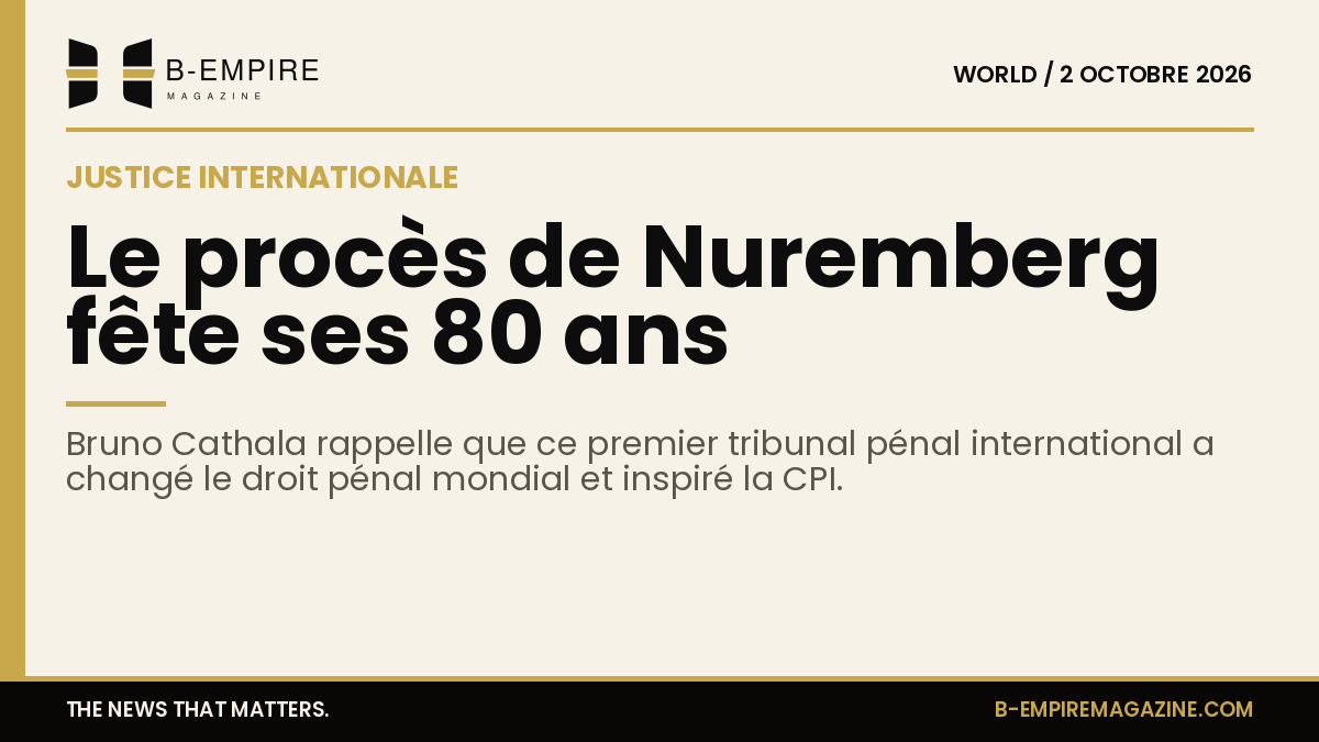Texte en encre sur fond papier avec bande or et titre sur le procès de Nuremberg et ses 80 ans