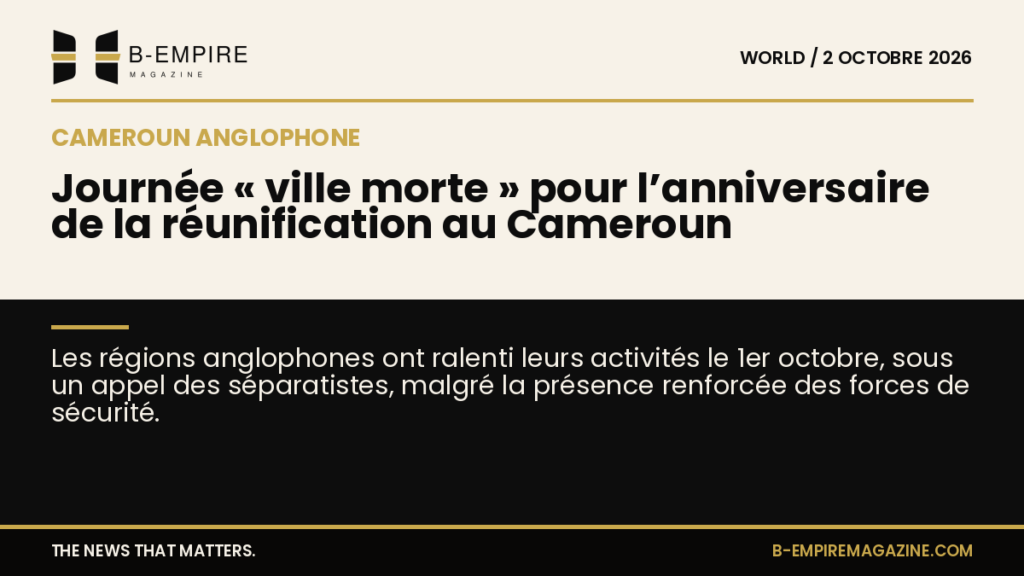 Carte divisée en deux zones papier et noir avec le titre sur la ligne de séparation évoquant la journée ville morte dans les régions anglophones du Cameroun.