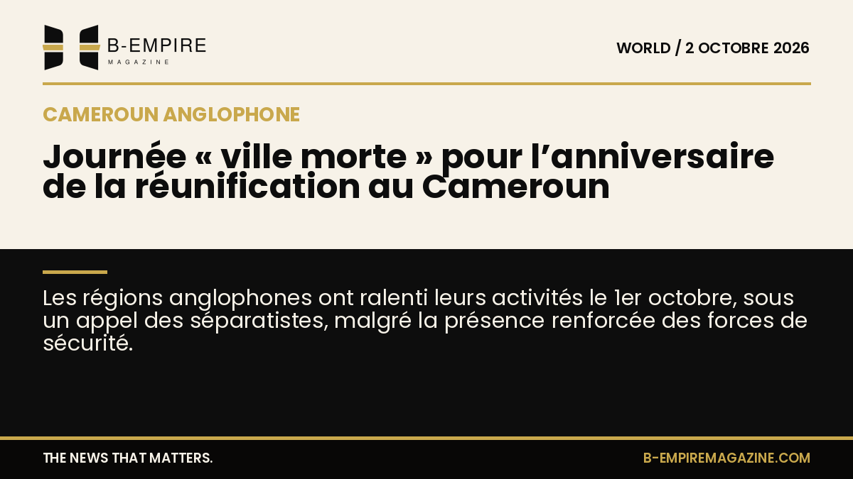 Carte divisée en deux zones papier et noir avec le titre sur la ligne de séparation évoquant la journée ville morte dans les régions anglophones du Cameroun.