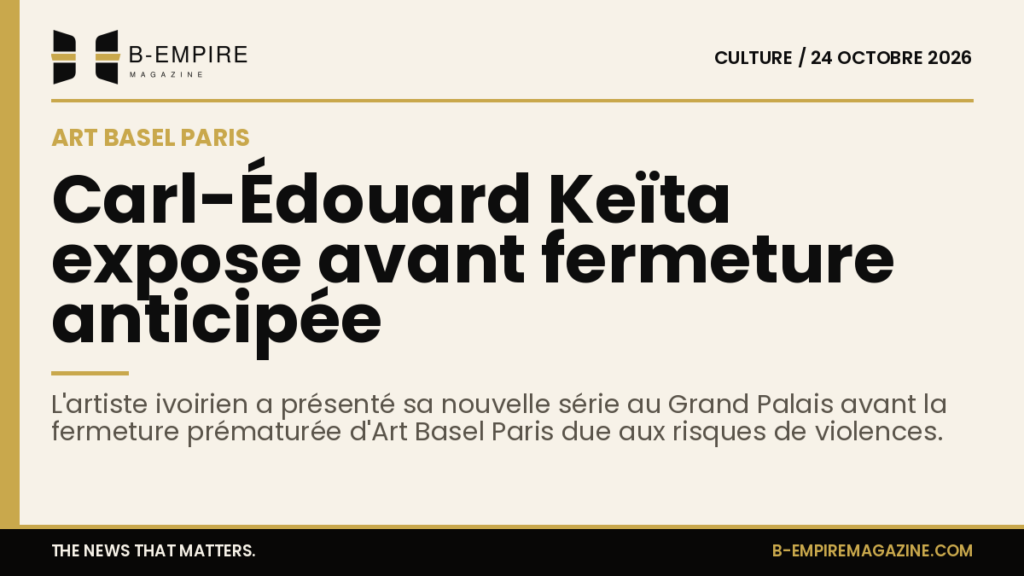 Affiche de l'exposition de Carl-Édouard Keïta à Art Basel Paris avec le Grand Palais en arrière-plan