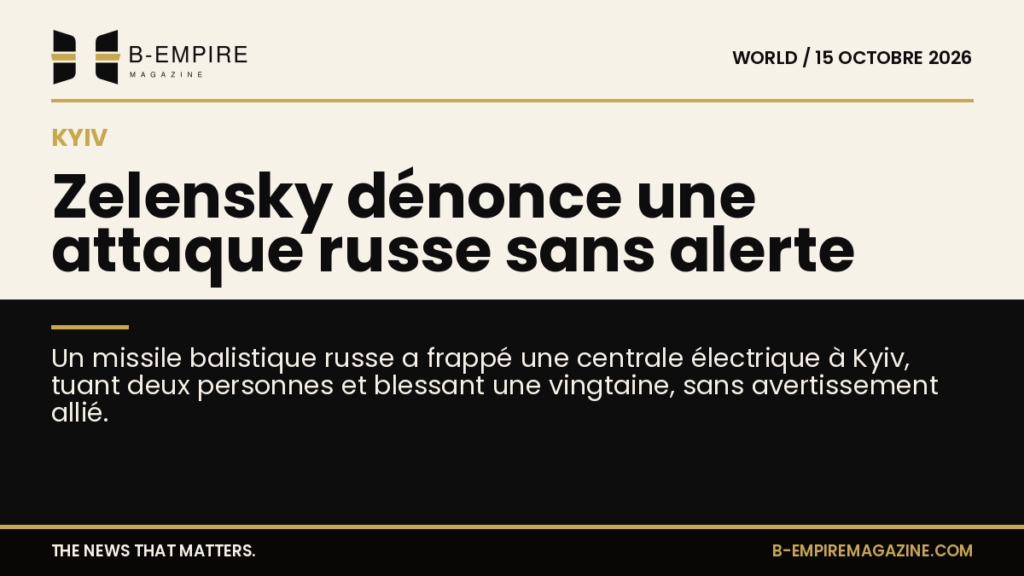 Visuel split avec fond papier et noir, titre en encre et or décrivant l'attaque d'une centrale électrique à Kyiv par un missile russe