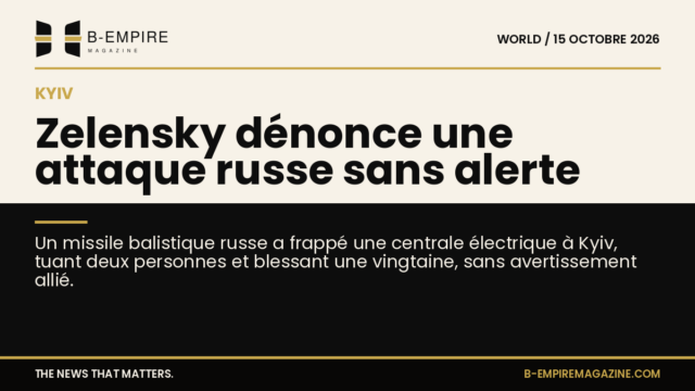 Visuel split avec fond papier et noir, titre en encre et or décrivant l'attaque d'une centrale électrique à Kyiv par un missile russe