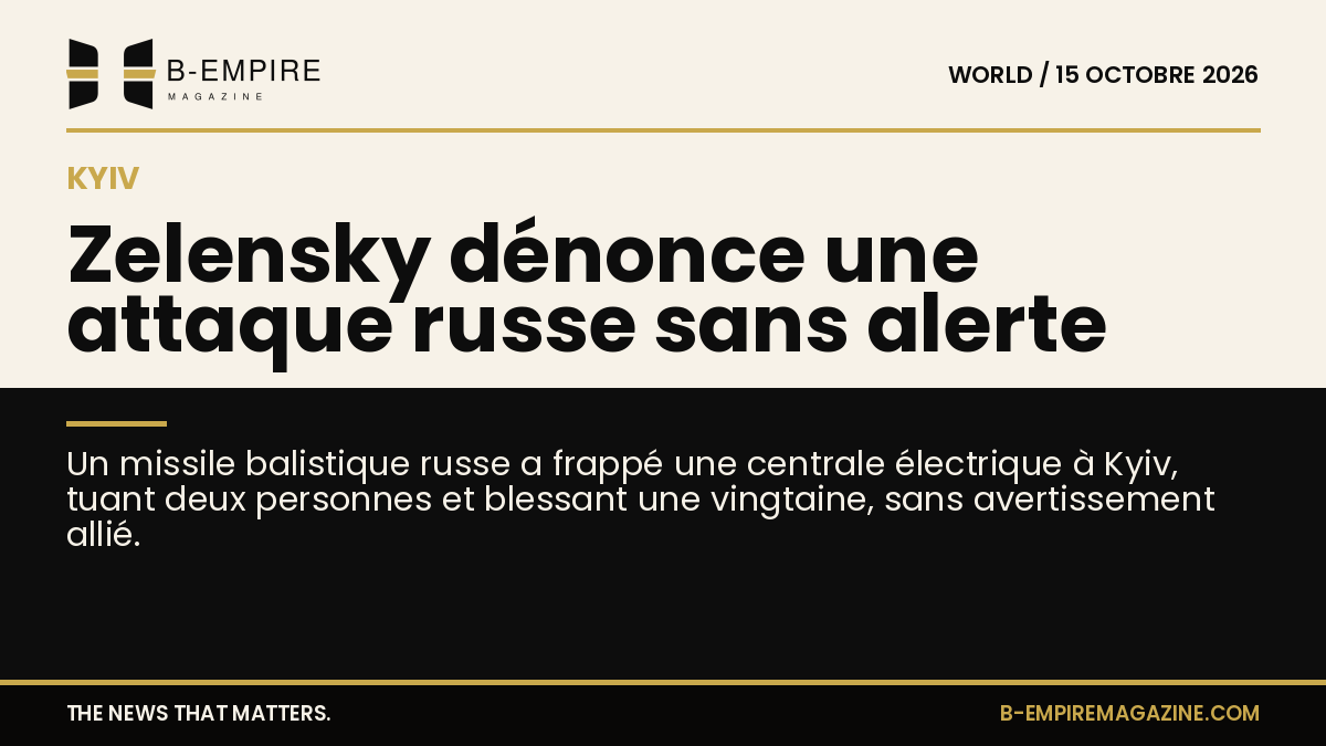 Visuel split avec fond papier et noir, titre en encre et or décrivant l'attaque d'une centrale électrique à Kyiv par un missile russe