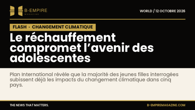 Visuel avec un bloc noir et le mot FLASH en or, titre en encre indiquant le danger du réchauffement climatique pour les adolescentes