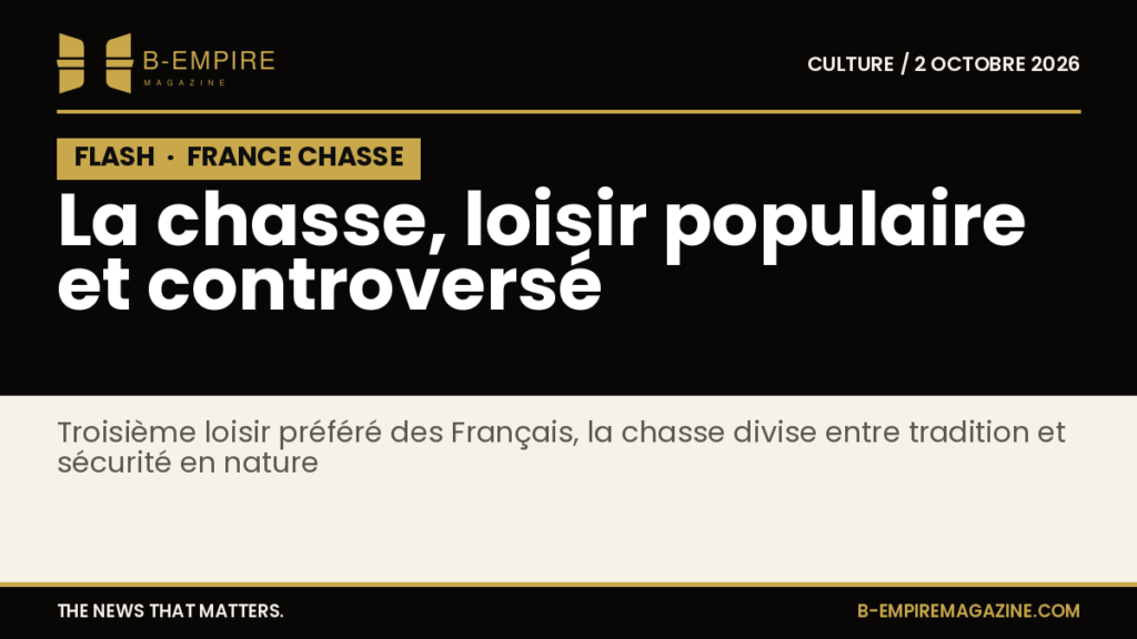 Texte en bloc noir avec le mot FLASH en haut à gauche et le titre « La chasse, loisir populaire et controversé » en blanc et or