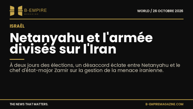 Portraits de Benjamin Netanyahu et Eyal Zamir superposés avec un fond sombre évoquant la tension militaire et politique.