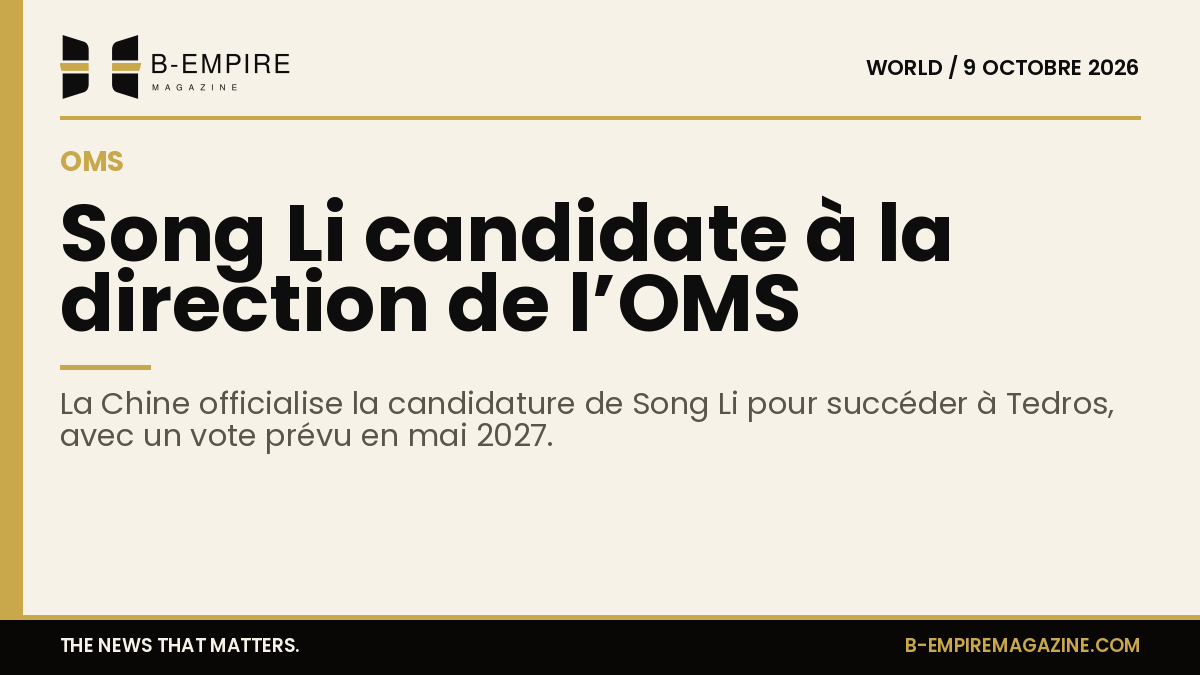 Portrait de Song Li, candidate chinoise pour la direction de l’OMS, sur fond or et papier avec bande or en haut.