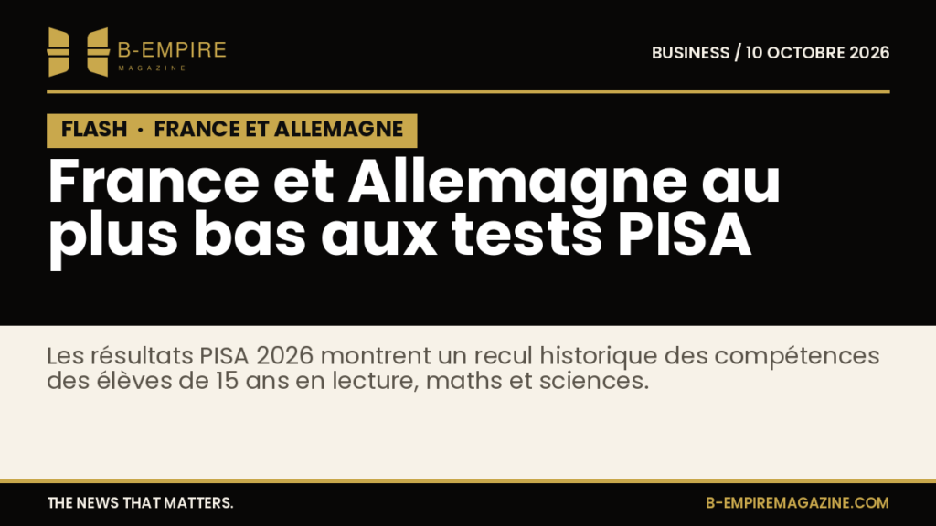 Visuel avec bloc noir et texte blanc et or indiquant France et Allemagne au plus bas aux tests PISA 2026