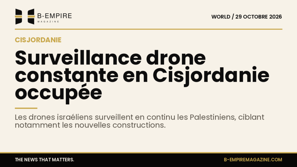 Illustration stylisée d'un drone survolant une zone urbaine en Cisjordanie avec des bâtiments et collines en arrière-plan.