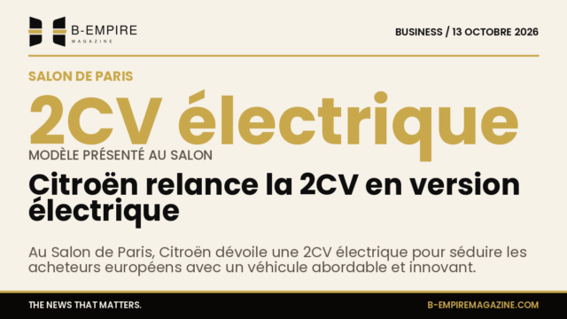 Visuel de la nouvelle Citroën 2CV électrique présentée au Salon de l'auto de Paris sur fond clair avec logo officiel.