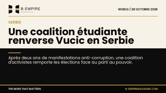 Titre sur fond moitié papier moitié noir illustrant la victoire électorale d'une coalition étudiante en Serbie contre Aleksandar Vucic