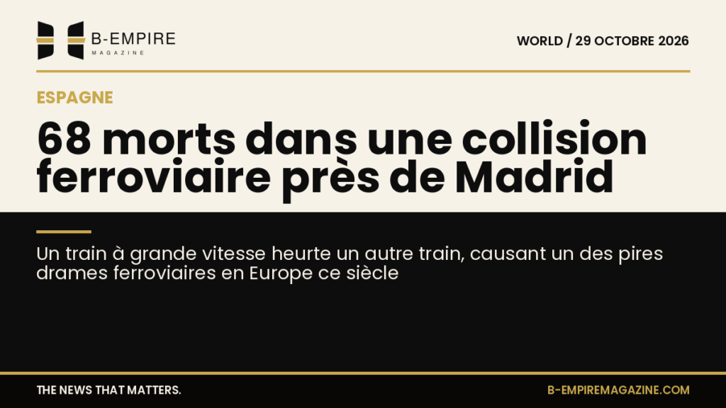 Image stylisée d'une collision de trains à grande vitesse avec un fond divisé entre papier clair et noir, texte en encre et or