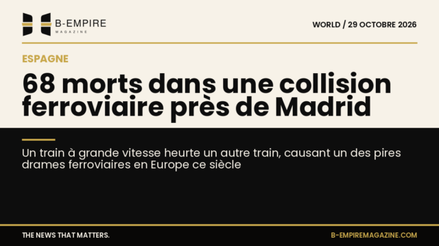 Image stylisée d'une collision de trains à grande vitesse avec un fond divisé entre papier clair et noir, texte en encre et or