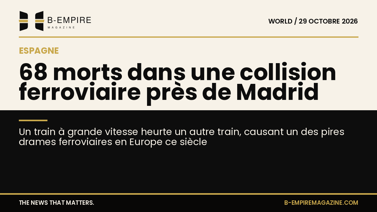 Image stylisée d'une collision de trains à grande vitesse avec un fond divisé entre papier clair et noir, texte en encre et or