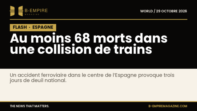 Image sombre avec le mot FLASH en blanc sur fond noir, évoquant une alerte urgente sur un accident de train en Espagne