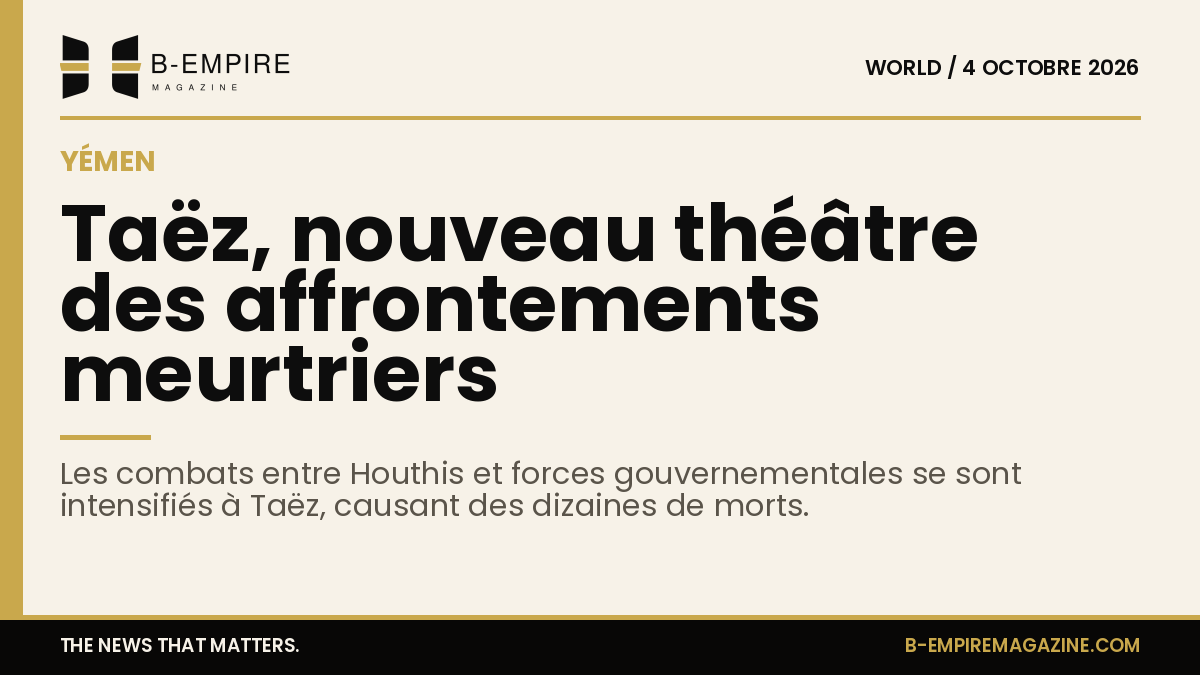 Carte stylisée du Yémen avec localisation de Taëz et représentation graphique des affrontements et bombardements