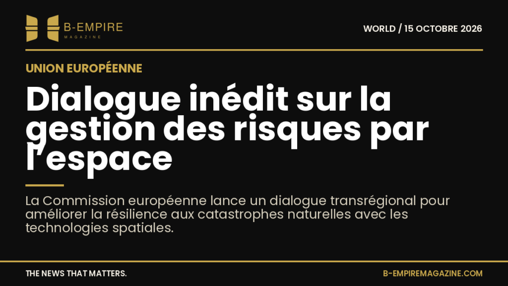 Visuel sombre avec un globe terrestre stylisé en or et blanc sur fond noir, symbolisant la coopération spatiale pour la gestion des risques naturels.