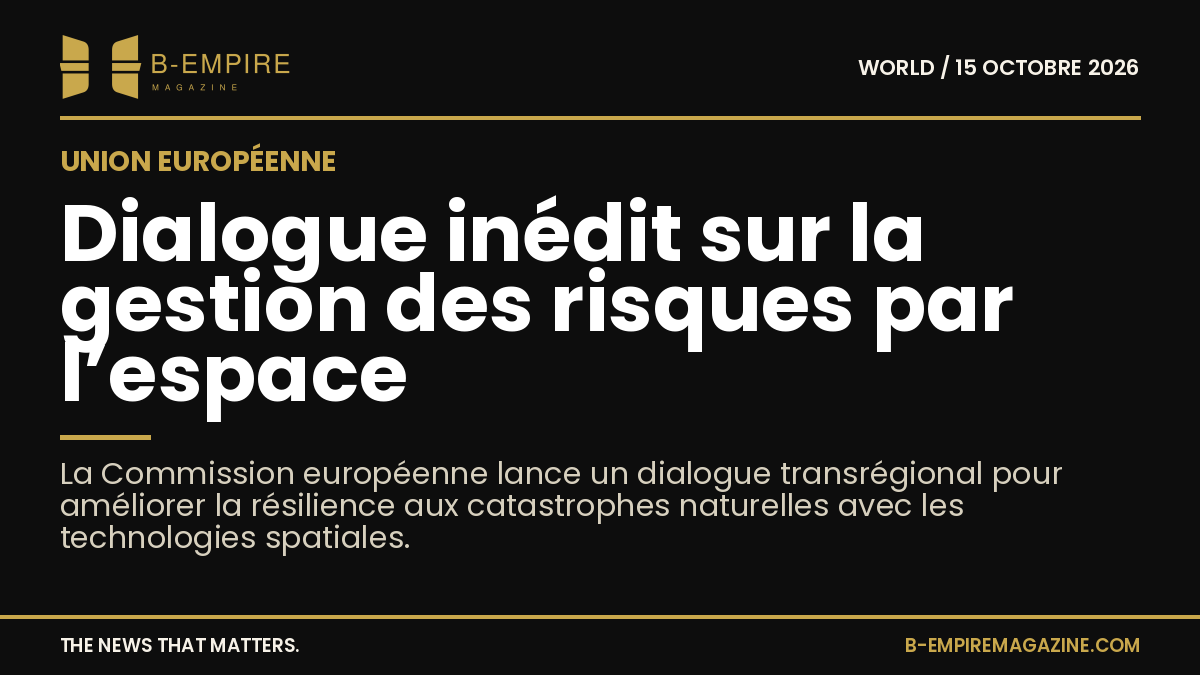 Visuel sombre avec un globe terrestre stylisé en or et blanc sur fond noir, symbolisant la coopération spatiale pour la gestion des risques naturels.