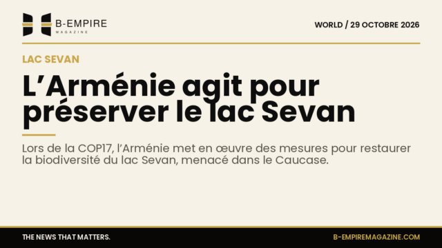 Visuel présentant le lac Sevan entouré de montagnes avec un chiffre clé sur la biodiversité de la région en surimpression.