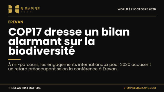 Visuel sombre avec texte blanc et or annonçant la COP17 sur la biodiversité à Erevan et un bilan alarmant des engagements internationaux.