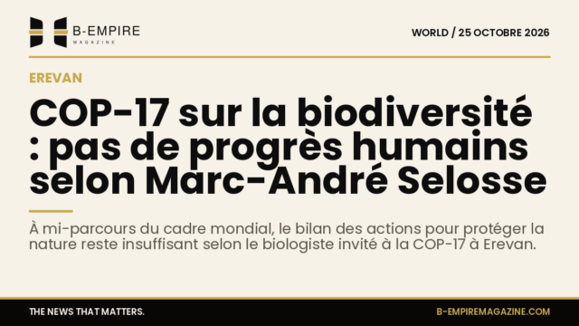 Visuel sobre avec fond papier, grand titre noir sur papier, rappel des couleurs encre et or, évoquant la COP-17 à Erevan sur la biodiversité