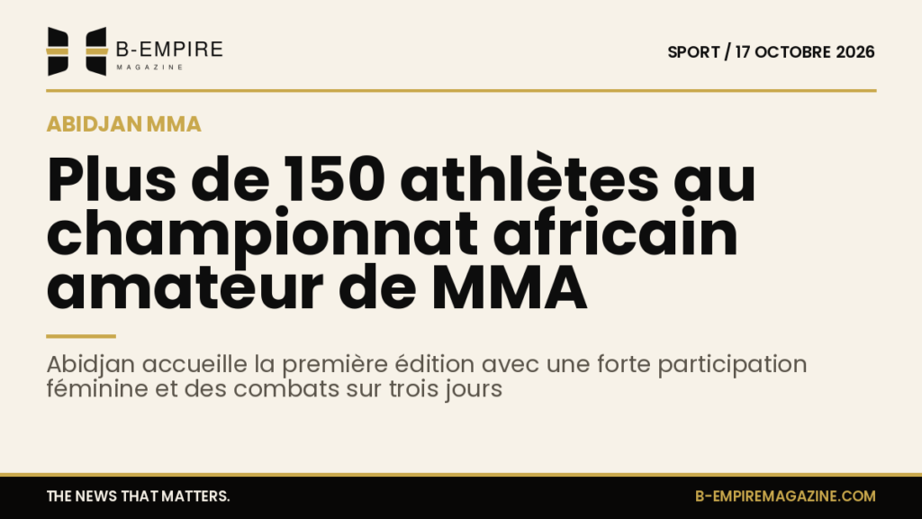 Affiche promotionnelle du championnat amateur africain de MMA à Abidjan avec silhouettes d'athlètes en combat
