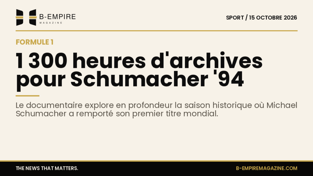 Visuel du documentaire Schumacher '94 avec des images d'archives de Michael Schumacher en course et des interviews.