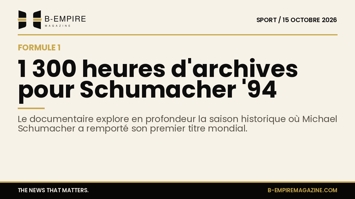 Visuel du documentaire Schumacher '94 avec des images d'archives de Michael Schumacher en course et des interviews.