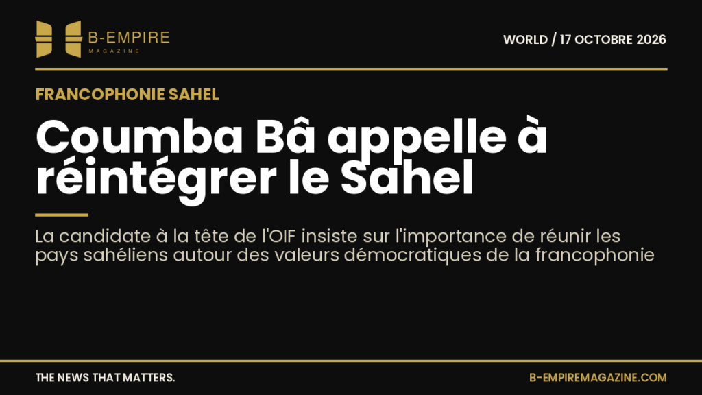 Portrait de Coumba Bâ avec un fond sombre et texte blanc et or évoquant la francophonie et le Sahel