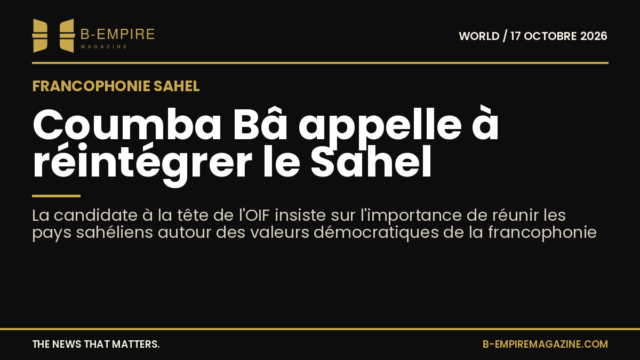 Portrait de Coumba Bâ avec un fond sombre et texte blanc et or évoquant la francophonie et le Sahel