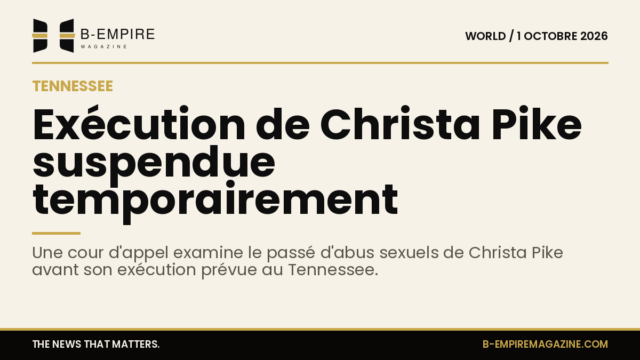 Texte sur fond papier avec titre principal annonçant la suspension de l'exécution de Christa Pike au Tennessee.
