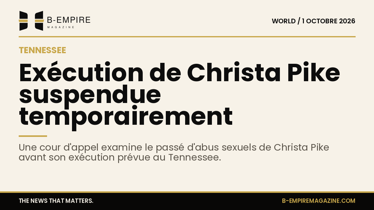 Texte sur fond papier avec titre principal annonçant la suspension de l'exécution de Christa Pike au Tennessee.