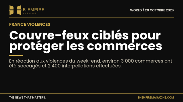 Visuel avec fond noir, titre en blanc et or évoquant les violences en France et la protection des commerces par couvre-feux ciblés