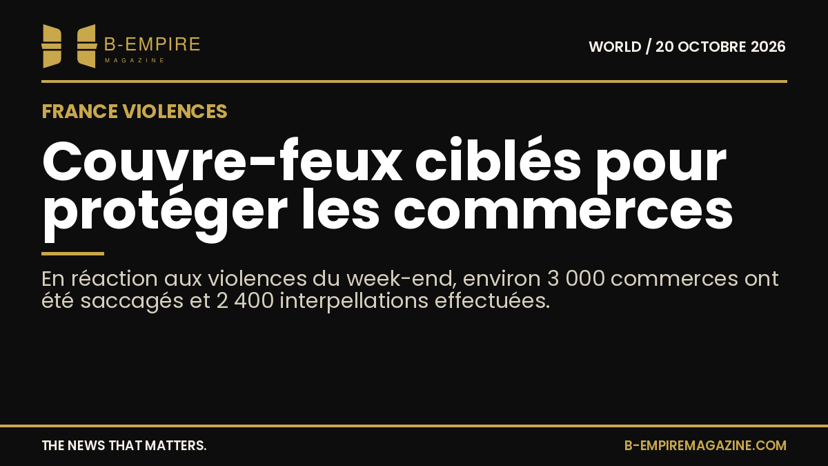 Visuel avec fond noir, titre en blanc et or évoquant les violences en France et la protection des commerces par couvre-feux ciblés